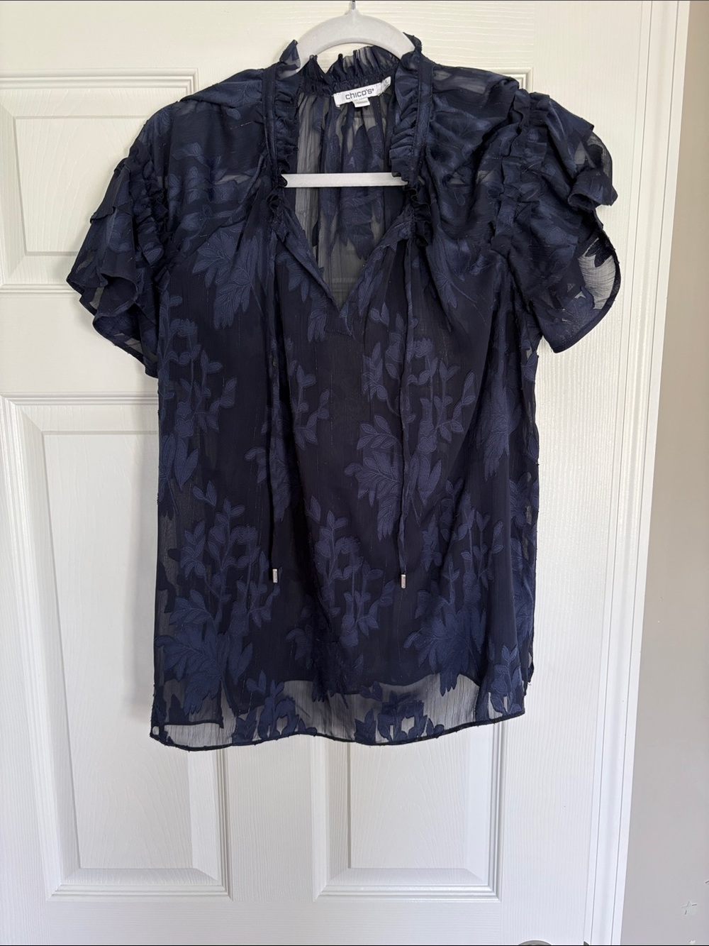 Chico's Navy Sheer Floral Ruffle Sleeve Tie Blouse